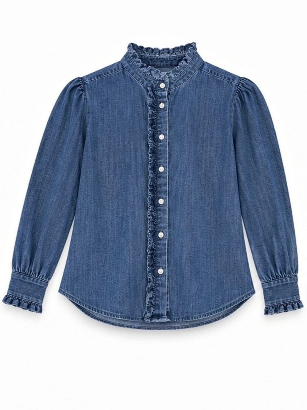 LOFT Denim Ruffle-Trim Button-Down Shirt Blue XS